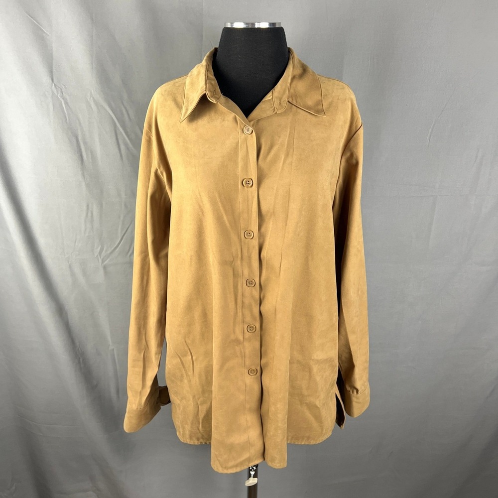Vintage Forenza Shirt Womens Large Beige Pleated Collared Side Slit Button Up
